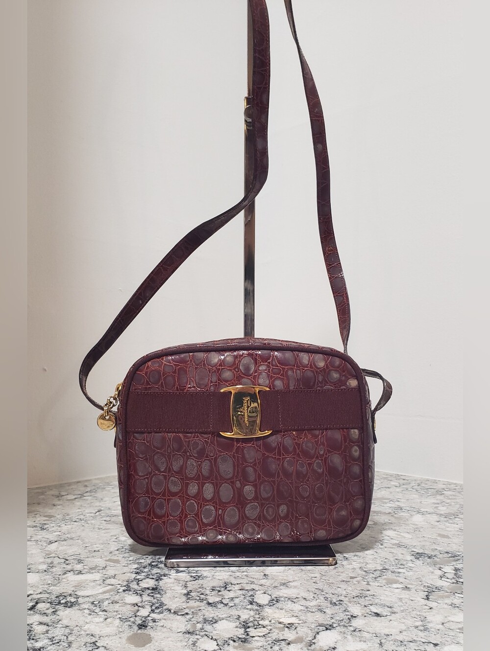 Salvatore Ferragamo Vara Croc Embossed Leather Crossbody Bag